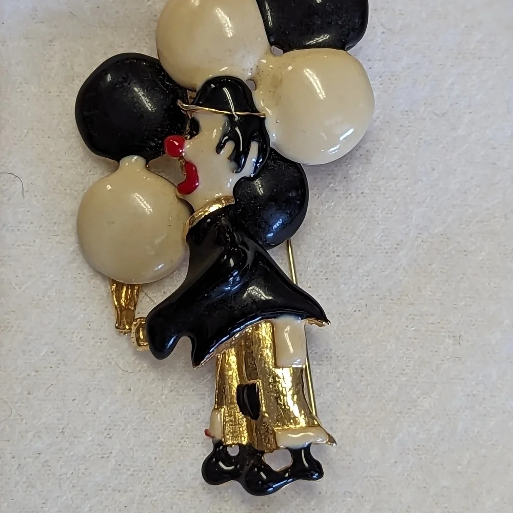 Clown Pin Balloons Enamel Brooch Gold tone black white red Vintage Circus Party